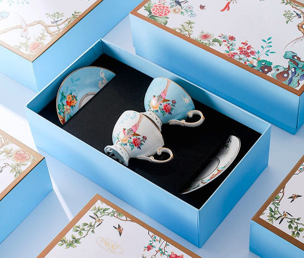 Beautiful Bird Pattern Tea Cups, 8 oz Porcelain Tea Cup Saucer Set of 2 Cups, Elegant Oriental Pheasant Ceramic Cup and Saucer in Gift Box-Art Painting Canvas