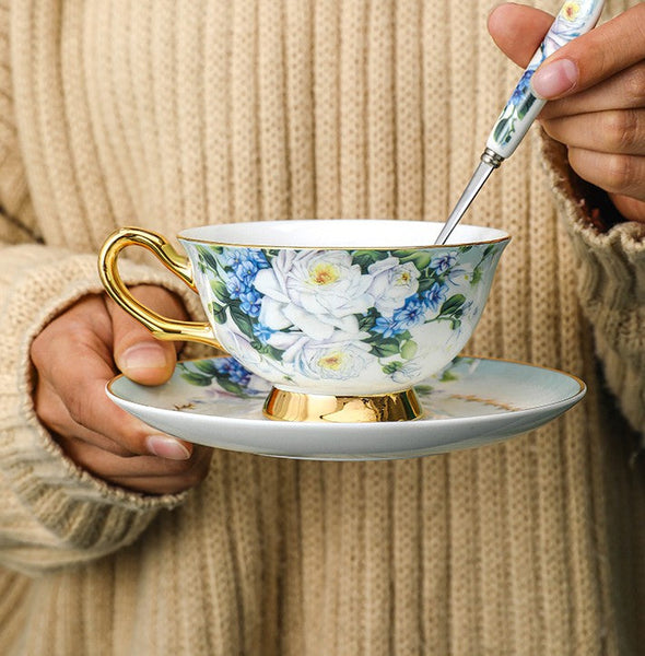Elegant British Ceramic Coffee Cups, 7.4 oz Tea Cup and Saucer in Gift Box, Royal Porcelain Tea Cup Saucer Set, Rose Flower Pattern Ceramic Cups-Art Painting Canvas