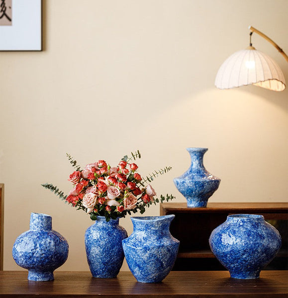 Handmade Water Holding Flower Vases, Centerpiece on Dining Table, Blue Pottery Bud Vases, Large Flower Vases on Table, Modern Pottery Flower Vases-Art Painting Canvas