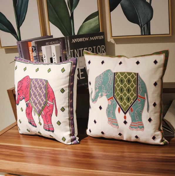 Cotton Decorative Pillows, Elephant Embroider Cotton Pillow Covers, Farmhouse Decorative Sofa Pillows, Decorative Throw Pillows for Couch-Art Painting Canvas
