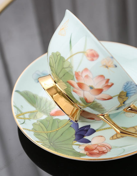 Unique British Tea Cup and Saucer in Gift Box, Lotus Flower Porcelain Tea Cup Saucer Set, Elegant British Ceramic Coffee Cups-Art Painting Canvas