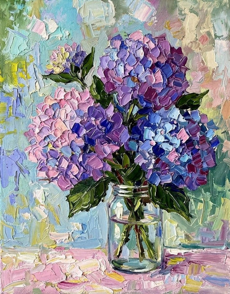 Hand Painted Canvas Art, Original Flower Paintings, Blue and Purple Hydrangea Flowers in Glass Vase, Small Canvas Artwork, Impasto Canvas Artwork, Original Oil Paintings