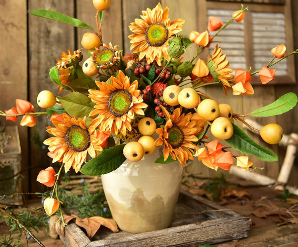 Yellow Sunflowers, Botany Plants, Unique Floral Arrangement for Home Decoration, Table Centerpiece, Real Touch Artificial Flowers for Dining Room-Art Painting Canvas