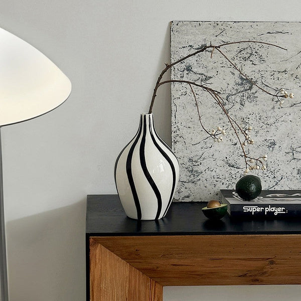 Porcelain Flower Vases, Modern Flower Vases on Table, Water Holding Flower Vases, Black and White Striped Ceramic Vase-Art Painting Canvas