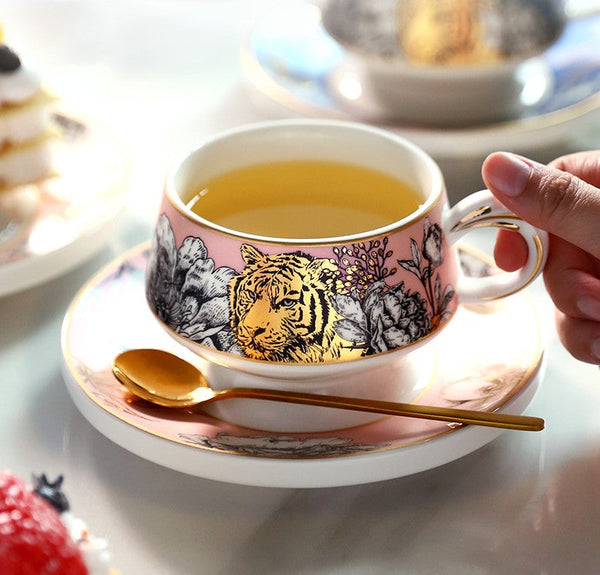 Handmade Ceramic Cups with Gold Trim and Gift Box, Jungle Tiger Cheetah Porcelain Coffee Cups, Creative Ceramic Tea Cup and Saucer-Art Painting Canvas