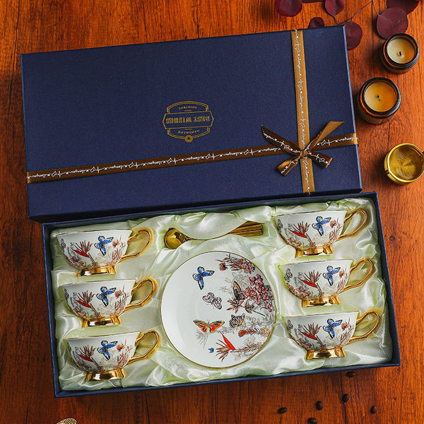British Traditional Afternoon Tea Cup and Saucer Set, Ceramic Coffee Cups in Gift Box, Butterfly Pattern Porcelain Tea Cup and Saucer Set-Art Painting Canvas