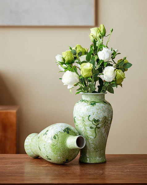 Centerpiece Ceramic Bud Vases, Large Flower Vases on Table, Green Porcelain Flower Vases, Handmade Water Holding Flower Vase-Art Painting Canvas