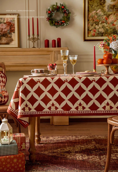 Holiday Red Tablecloth for Dining Table, Rabbit Pattern Table Cover for Dining Room Table, Modern Rectangle Tablecloth for Oval Table-Art Painting Canvas