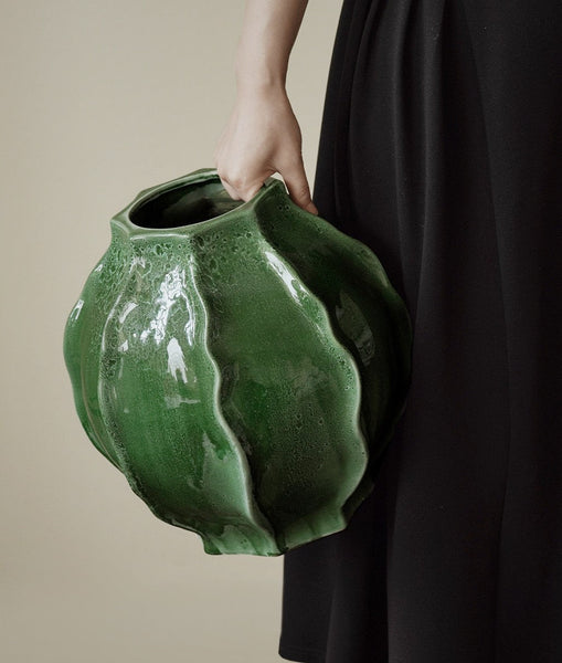 Large Contemporary Vases on Dining Table, Handmade Modern Flower Vase, Centerpiece Ceramic Bouquet Vases, Green Porcelain Vases for Modern Home Decor-Art Painting Canvas