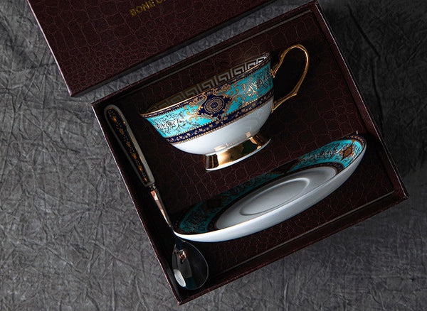 Unique Tea Cup and Saucer in Gift Box, 7.4 oz British Ceramic Coffee Cups, Porcelain Tea Cup Set for Office-Art Painting Canvas