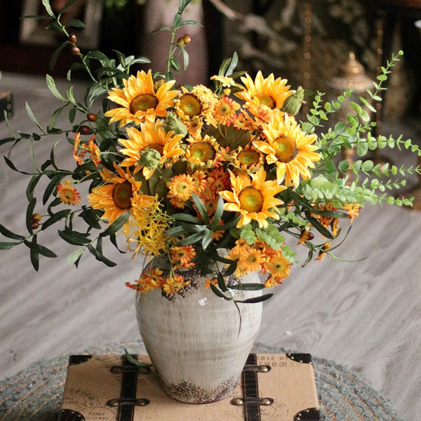 Large Bunch of Yellow Sunflowers, Unique Floral Arrangement for Home Decoration, Table Centerpiece, Real Touch Artificial Flowers for Living Room-Art Painting Canvas