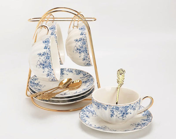 Blue Porcelain Tea Cup Saucer Set, British Royal Ceramic Cups for Traditional Afternoon Tea, Unique Blue Tea Cup and Saucer in Gift Box, Elegant Ceramic Coffee Cups-Art Painting Canvas