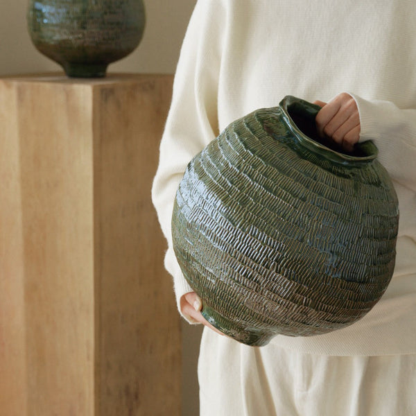 Large Contemporary Vases on Dining Table, Handmade Modern Flower Vase, Centerpiece Ceramic Bouquet Vases, Green Porcelain Vases for Modern Home Decor-Art Painting Canvas