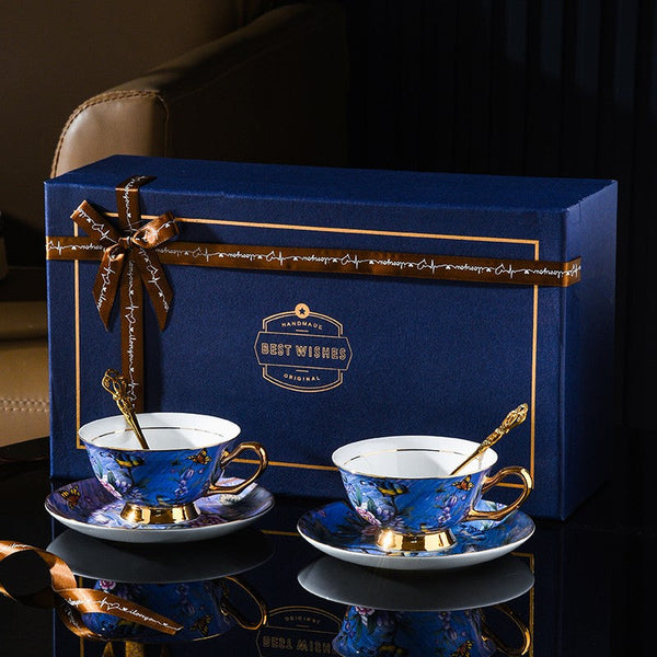 Blue Bird and Butterfly Porcelain Tea Cup Saucer Set, 7.4 oz British Tea Cup and Saucer in Gift Box, Elegant British Ceramic Coffee Cups-Art Painting Canvas