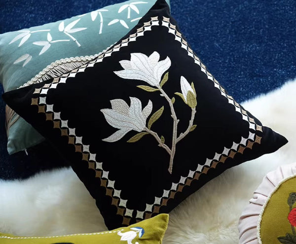 Decorative Pillow Arrangement Ideas for Couch, Magnolia Embroidered Cushion, Large Decorative Pillows for Couch, Modern Throw Pillows for Bedroom, Living Room Decorative Pillows-Art Painting Canvas