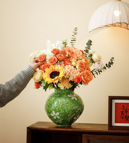 Modern Pottery Flower Vases, Centerpiece on Dining Table, Handmade Water Holding Flower Vases, Pottery Bud Vases, Large Green Flower Vases on Table-Art Painting Canvas