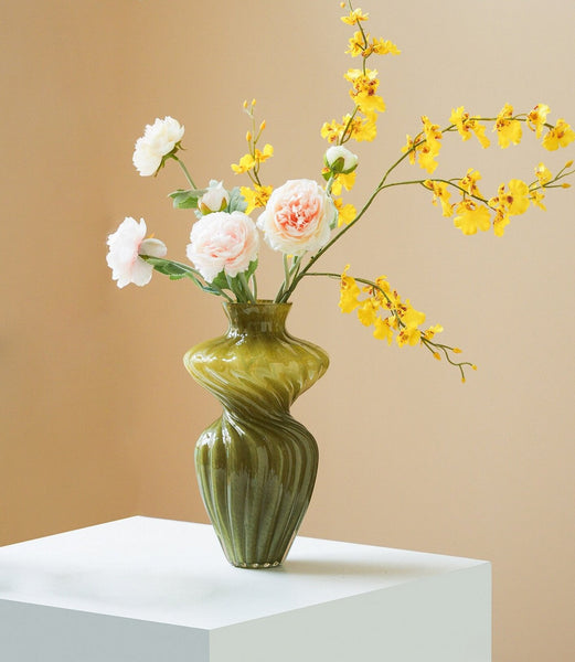 Handmade Contemporary Glass Vases, Modern Green Vases for Living Room, Mid Century Vases for Flowers, Unique Decorative Glass Vase, Centerpiece Vases on Table-Art Painting Canvas