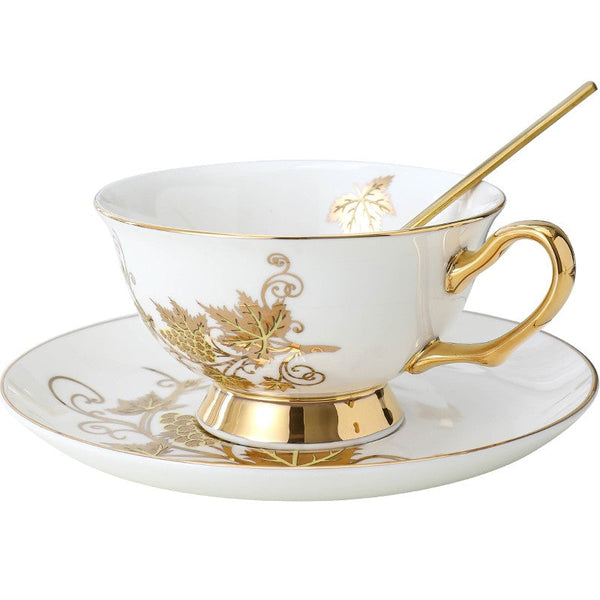 Elegant British Ceramic Coffee Cups, 7.4 oz Golden Leaves and Grapes Porcelain Tea Cup Saucer Set, Unique British Tea Cup and Saucer in Gift Box-Art Painting Canvas