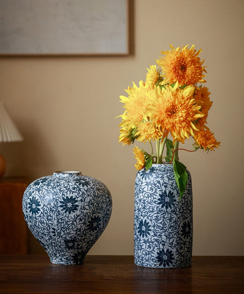 Vintage Bouquet Flower Vases, Centerpiece on Dining Table, Large Blue Flower Vase on Table, Handmade Porcelain Flower Vases Urn, Water Holding Flower Vases-Art Painting Canvas