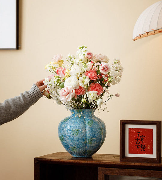 Centerpiece on Dining Table, Blue Flower Vase on Table, Handmade Water Holding Flower Vases, Pottery Flower Vases, Modern Bouquet Flower Vases-Art Painting Canvas