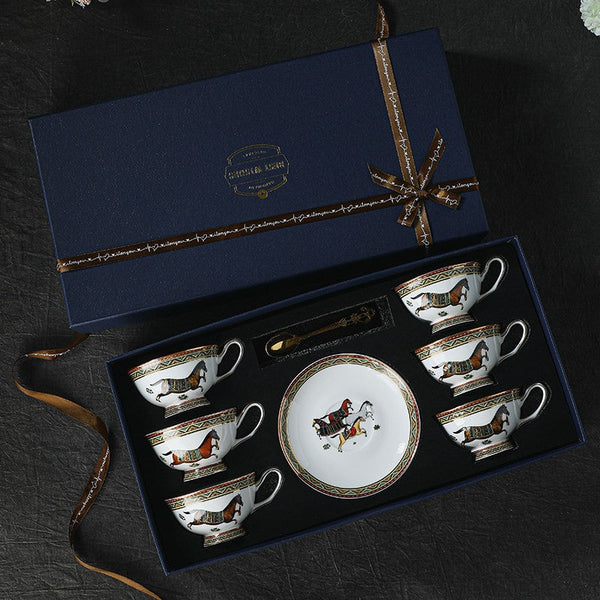 Elegant British Horse Pattern Coffee Cup with Saucer, 7.4 oz Ceramic Tea Cup and Saucer in Gift Box, Porcelain Tea Cup and Saucer Set-Art Painting Canvas