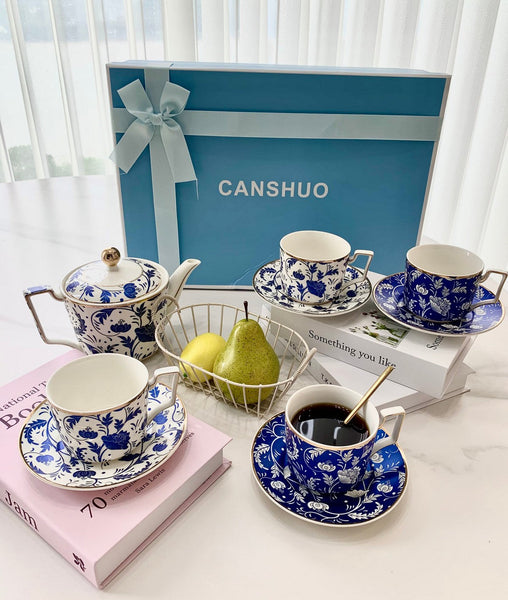 Ceramic Coffee Cup with Saucer in Gift Box, 8 oz Blue Porcelain Tea Cup and Saucer Set of 4 cups, British Traditional Afternoon Tea Cup Set with Teapot-Art Painting Canvas