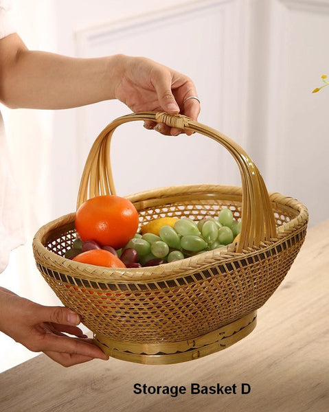 Kitchen Storage Baskets, Extra Large Picnic Food Basket with Handle, Lovely Bamboo Baskets for Vegetable, Natural Hand-woven Bamboo Basket, Natural Fruit Basket-Art Painting Canvas