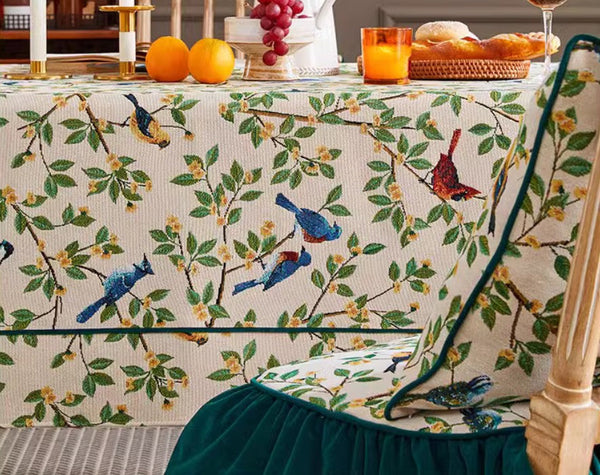 Bird Flower Pattern Farmhouse Table Cloth, Large Modern Rectangle Tablecloth for Dining Room Table, Square Tablecloth for Round Table-Art Painting Canvas