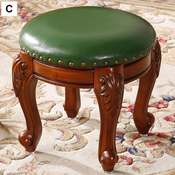 Solid Wood Ottoman, Rubberwood Entry Bench, Vanity Stool, Genuine Leather Solid Wood Entry Bench, Vintage Round Stool-Art Painting Canvas