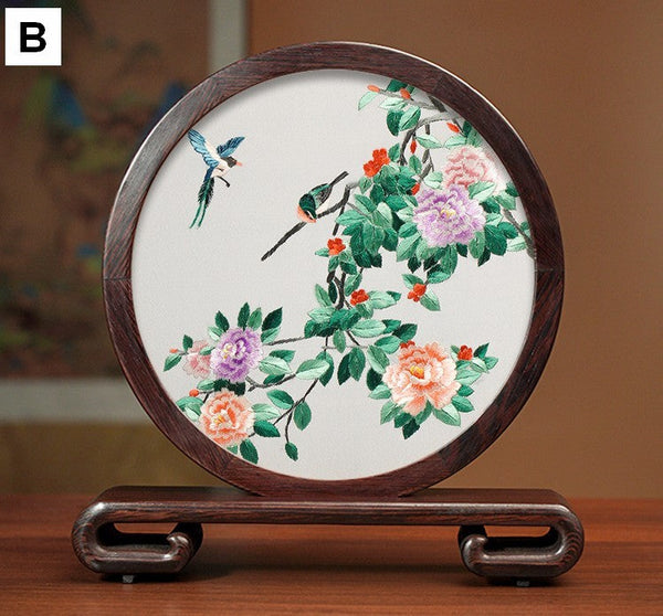 Creative Birthday Gift, Premium Souvenir, Elegant Silk Embroidery Ornaments, Traditional Chinese Suzhou Flower and Birds Silk Embroidery, Exclusive Business Presents-Art Painting Canvas