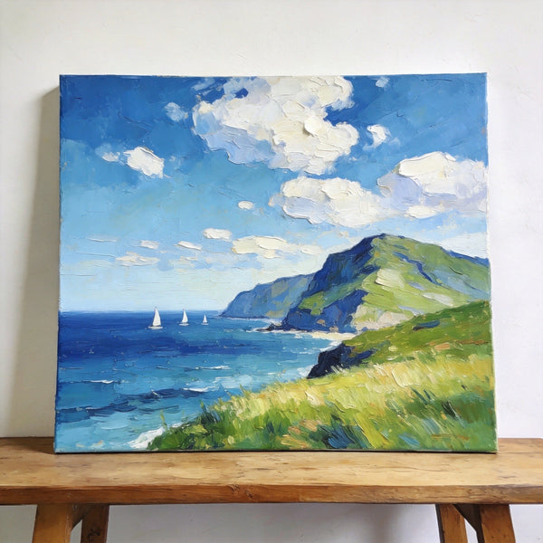 Hand Painted Canvas Art, Sailboats Beneath the Coastal Clouds, Original Small Paintings, Original Oil Paintings, Buy Small Artwork Online, Small Canvas Wall Art Paintings-Art Painting Canvas