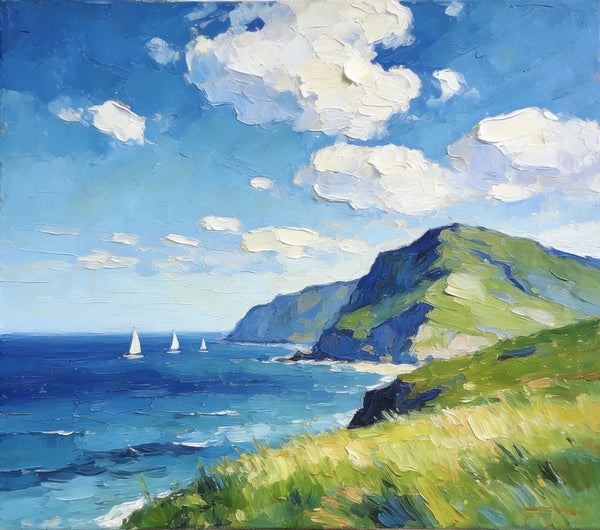 Hand Painted Canvas Art, Sailboats Beneath the Coastal Clouds, Original Small Paintings, Original Oil Paintings, Buy Small Artwork Online, Small Canvas Wall Art Paintings-Art Painting Canvas