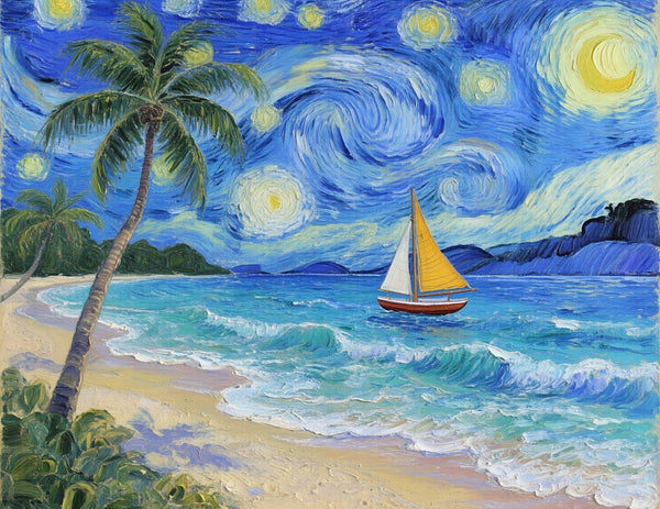 Starry Night by the Sea, Original Oil Paintings, Small Landscape Paintings, Small Oil Paintings on Canvas, Small Paintings on Canvas, Hand Painted Canvas Art-Art Painting Canvas