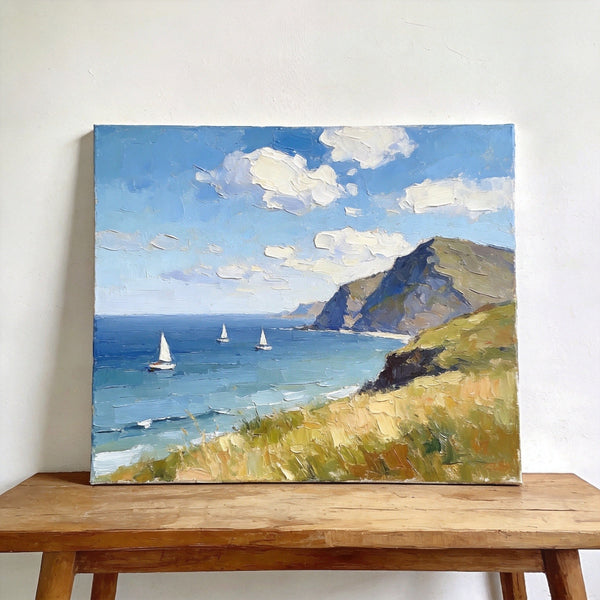 Impressions of a Sunny Seaside Day, Hand Painted Canvas Art, Original Seascape Paintings, Original Oil Paintings, Buy Small Artwork Online, Small Canvas Wall Art Paintings-Art Painting Canvas