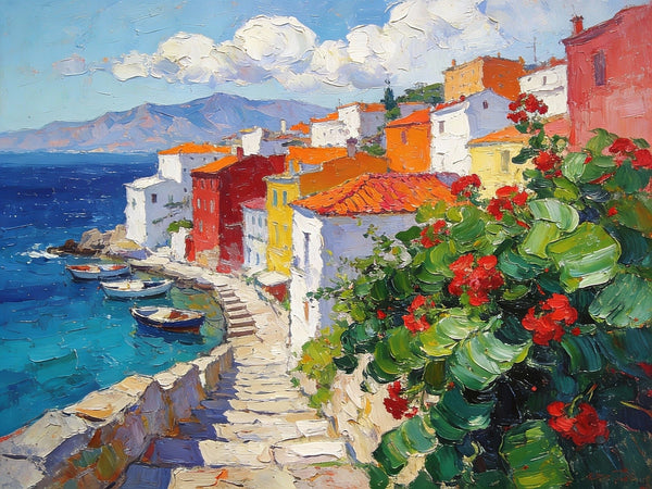 The Quiet Seaside Town, Summer Resort, On Canvas Small Paintings, Hand Painted Canvas Art, Small Landscape Paintings, Original Oil Paintings, Small Wall Art Paintings-Art Painting Canvas