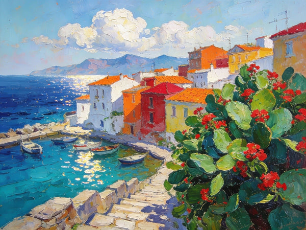 Small Canvas Art, Vibrant Coastal Village, Colorful Houses by the Sea, Original Wall Paintings, On Canvas Small Paintings, Original Artwork Small Paintings, Small Landscape Paintings-Art Painting Canvas