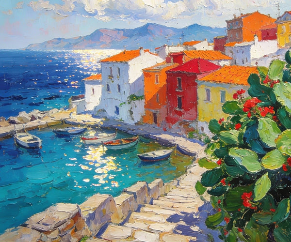 Small Canvas Art, Vibrant Coastal Village, Colorful Houses by the Sea, Original Wall Paintings, On Canvas Small Paintings, Original Artwork Small Paintings, Small Landscape Paintings-Art Painting Canvas