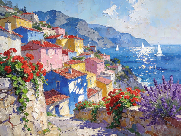 Scenery of a Mediterranean Seaside Resort, Palette Knife Artwork, Small Landscape Paintings, Small Oil Paintings on Canvas, Hand Painted Canvas Art, Original Oil Paintings-Art Painting Canvas