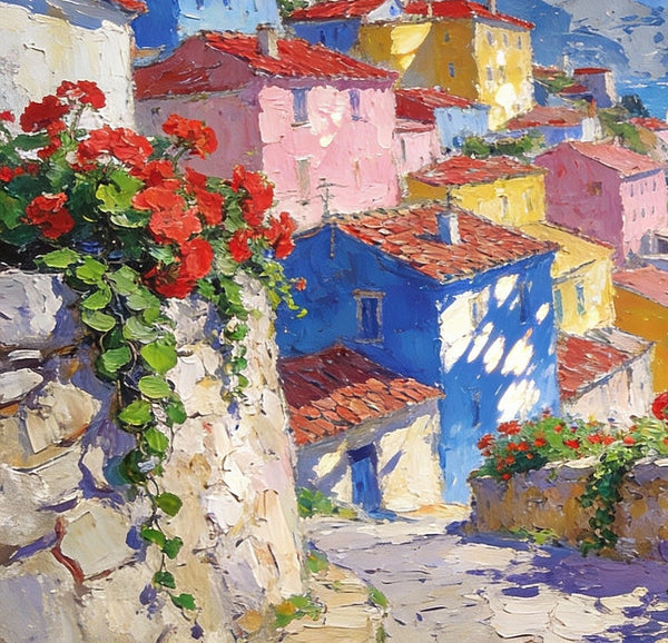 Scenery of a Mediterranean Seaside Resort, Palette Knife Artwork, Small Landscape Paintings, Small Oil Paintings on Canvas, Hand Painted Canvas Art, Original Oil Paintings-Art Painting Canvas