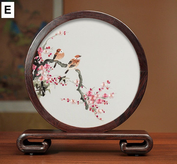 Flower and Birds Silk Embroidery Ornaments, Exclusive Business Presents, Creative Birthday Gift, Premium Souvenir, Traditional Chinese Suzhou Silk Embroidery-Art Painting Canvas