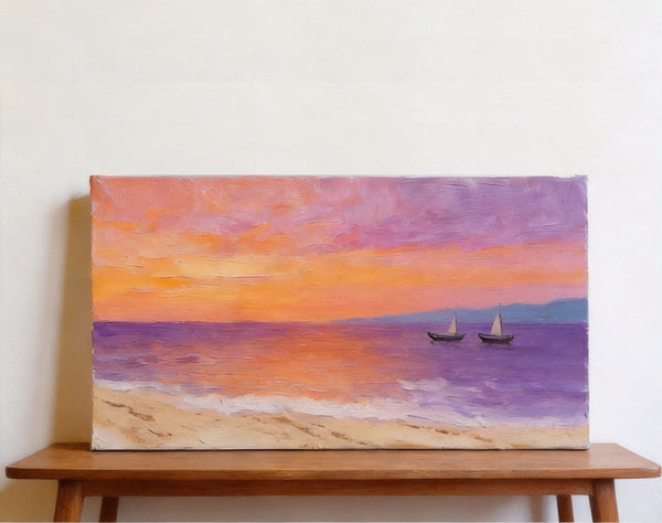 Original Seascape Paintings, Amber Dusk Over the Quiet Shore, Sunset Paintings, Small Canvas Wall Art Paintings, Hand Painted Canvas Art-Art Painting Canvas