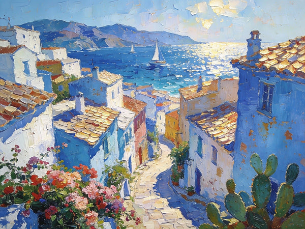 Small Oil Paintings on Canvas, A Mediterranean Seaside Resort Town, Hand Painted Canvas Art, Impasto Artwork, Original Oil Paintings, Small Landscape Paintings on Wall-Art Painting Canvas