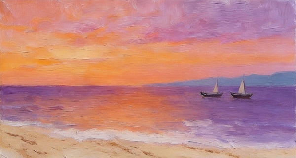 Original Seascape Paintings, Amber Dusk Over the Quiet Shore, Sunset Paintings, Small Canvas Wall Art Paintings, Hand Painted Canvas Art-Art Painting Canvas