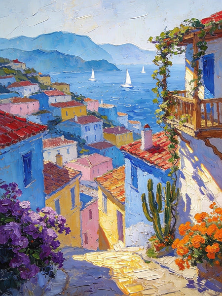 A Seaside Town on the Mediterranean, Seashore Beach, Small Landscape Paintings, Impasto Paintings, Small Paintings on Canvas, Palette Knife Oil Paintings, Original Small Paintings on Canvas-Art Painting Canvas