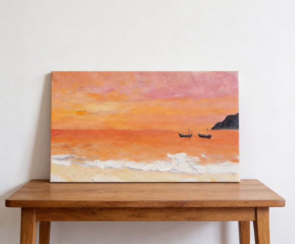 Hand Painted Canvas Artwork, Small Canvas Wall Art Paintings, Sunset Paintings, Boats Adrift in Sunset Glow, Original Seascape Paintings-Art Painting Canvas