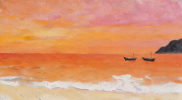 Hand Painted Canvas Artwork, Small Canvas Wall Art Paintings, Sunset Paintings, Boats Adrift in Sunset Glow, Original Seascape Paintings-Art Painting Canvas