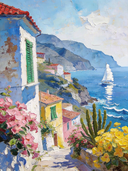 Summer in a Seaside Town, Original Artwork Small Paintings, On Canvas Small Paintings, Palette Knife Artwork, Landscape Canvas Paintings, Hand Painted Canvas Art-Art Painting Canvas