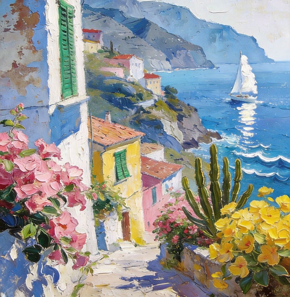 Summer in a Seaside Town, Original Artwork Small Paintings, On Canvas Small Paintings, Palette Knife Artwork, Landscape Canvas Paintings, Hand Painted Canvas Art-Art Painting Canvas