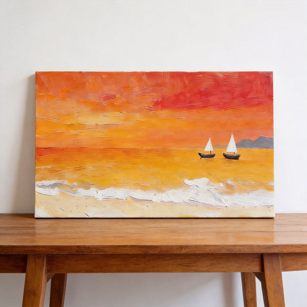 Small Canvas Wall Art Paintings, Original Seascape Paintings, Sailing into the Tangerine Dusk, Seashore Sunset Paintings, Hand Painted Canvas Art-Art Painting Canvas