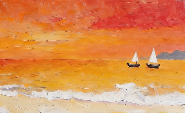 Small Canvas Wall Art Paintings, Original Seascape Paintings, Sailing into the Tangerine Dusk, Seashore Sunset Paintings, Hand Painted Canvas Art-Art Painting Canvas